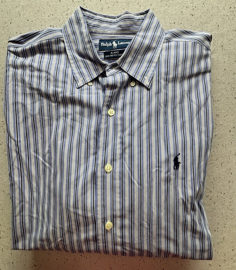 Polo Ralph Lauren Blake Blue Striped Button Up Shirt 100% Two Ply Cotton Mens L